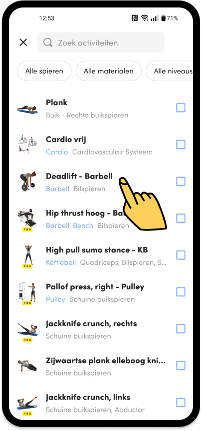 Een lijst van allerlei oefeningen in de FemmeGym app. De persoon klikt op Deadlift.
